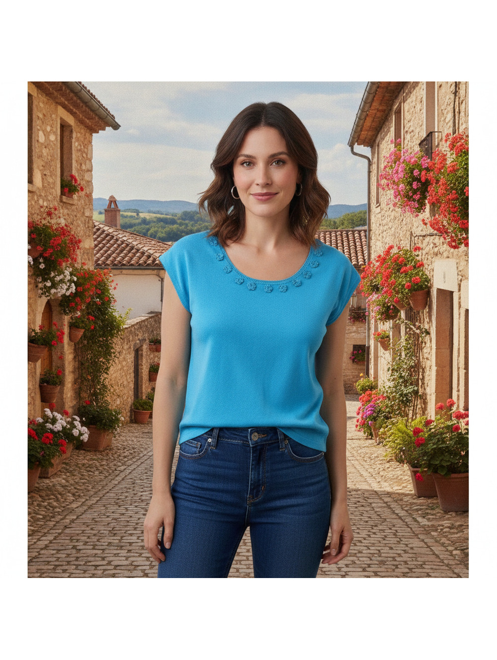 282 Evie Blue Silk Blend Short Sleeve Knit Top Floral Crochet Neckline NWT L
